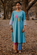 Pastel Blue Hand Embroidered Handloom Cotton Bias Kurta Set (set of 2)