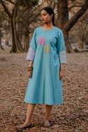 Pastel Blue Hand Embroidered Handloom Cotton Bias Dress