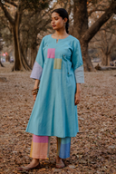 Pastel Blue Hand Embroidered Handloom Cotton Bias Kurta Set (set of 2)