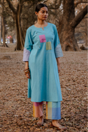 Pastel Blue Hand Embroidered Handloom Cotton Bias Kurta Set (set of 2)