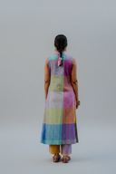 Purple-Blue Pastel Checks Handloom Cotton Halter Neck Kurta Set (set of 2)