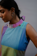 Purple-Blue Pastel Checks Handloom Cotton Halter Neck Kurta Set (set of 2)