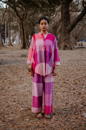 Pink-White Checks Handloom Cotton Antifit Co-ord Set with Button Detailing (set of 2)