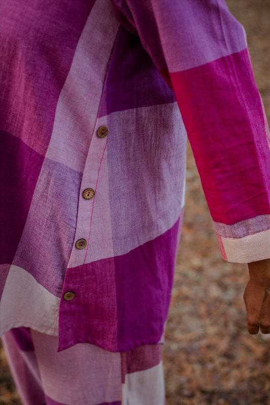 Pink-White Checks Handloom Cotton Antifit Co-ord Set with Button Detailing (set of 2)