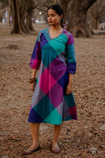 Pink-Purple Checks Handloom Cotton Bias Dress