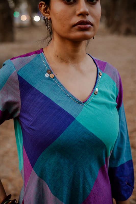 Pink-Purple Checks Handloom Cotton Bias Dress