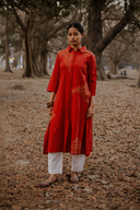 Brick Red Geometric Hand Embroidered Handloom Cotton Kurta Set (set of 2)