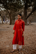 Brick Red Geometric Hand Embroidered Handloom Cotton Kurta Set (set of 2)