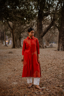 Brick Red Geometric Hand Embroidered Handloom Cotton Kurta Set (set of 2)