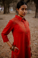 Brick Red Geometric Hand Embroidered Handloom Cotton Dress