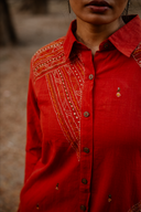 Brick Red Geometric Hand Embroidered Handloom Cotton Kurta Set (set of 2)