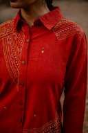 Brick Red Geometric Hand Embroidered Handloom Cotton Dress