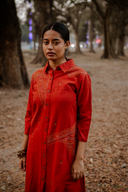 Brick Red Geometric Hand Embroidered Handloom Cotton Dress