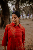Brick Red Geometric Hand Embroidered Handloom Cotton Dress