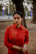 Brick Red Geometric Hand Embroidered Handloom Cotton Kurta Set (set of 2)