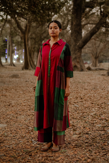 Red-Green Checks Handloom Cotton Gathered Dress