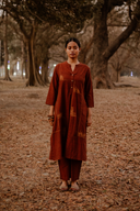 Brown Geometric Hand Embroidered Handloom Cotton Kurta Set (set of 2)