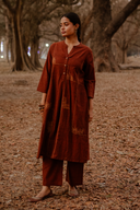 Brown Geometric Hand Embroidered Handloom Cotton Kurta Set (set of 2)