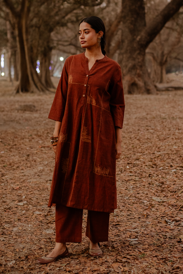 Brown Geometric Hand Embroidered Handloom Cotton Kurta Set (set of 2)