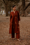 Brown Geometric Hand Embroidered Handloom Cotton Kurta Set (set of 2)