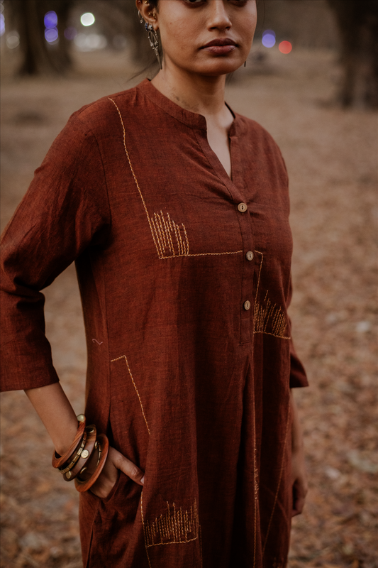 Brown Geometric Hand Embroidered Handloom Cotton Kurta Set (set of 2)