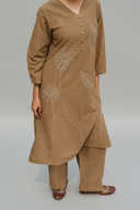 Mud Brown Hand Embroidered Cotton Kurta Set (set of 2)