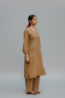 Mud Brown Hand Embroidered Cotton Kurta Set (set of 2)