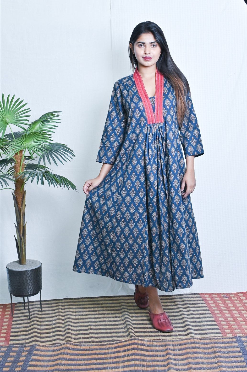 Blue Printed A Line Kurta With Kantha Yoke