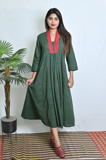 Green Printed A Line Kurta With Kantha Yoke