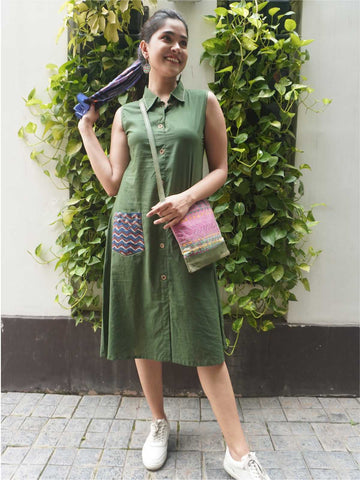 Olive Summer Printed Pocket Front Open Dress With Kantha Hand Embroidery Detailing