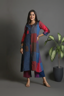 Red-Blue Checks Hand Embroidered Handloom Cotton Half & Half Kurta Set with Flared Pants (set of 2)