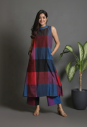 Red-Blue Checks Handloom Cotton Halter Neck Kurta Set with Flared Pants (set of 2)