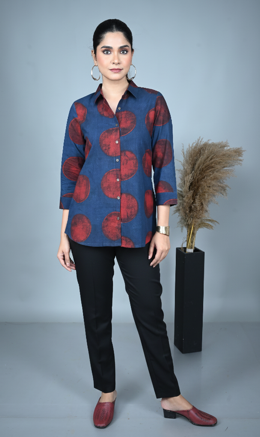 Indigo Ajrakh Block Printed Shirt Top