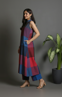 Red-Blue Checks Handloom Cotton Halter Neck Kurta Set with Flared Pants (set of 2)