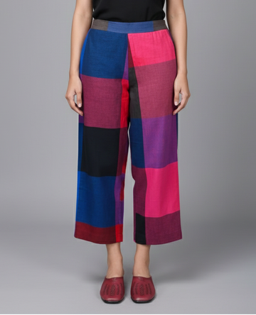 Red-Blue Checks Handwoven Cotton Flared Pants