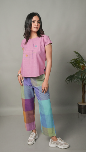 Purple-Blue Pastel Checks Hand Embroidered Handloom Cotton Co-ord Set (set of 2)