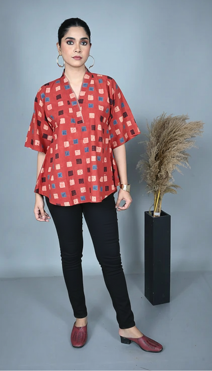 Red Ajrakh Antifit Top