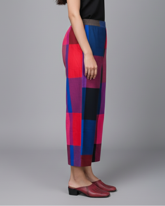 Red-Blue Checks Handwoven Cotton Flared Pants
