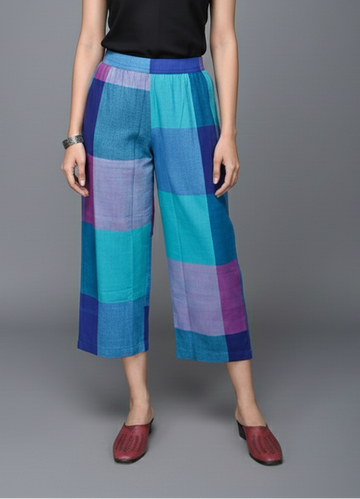 Pink-Purple Checks Handwoven Flared Cotton Pants