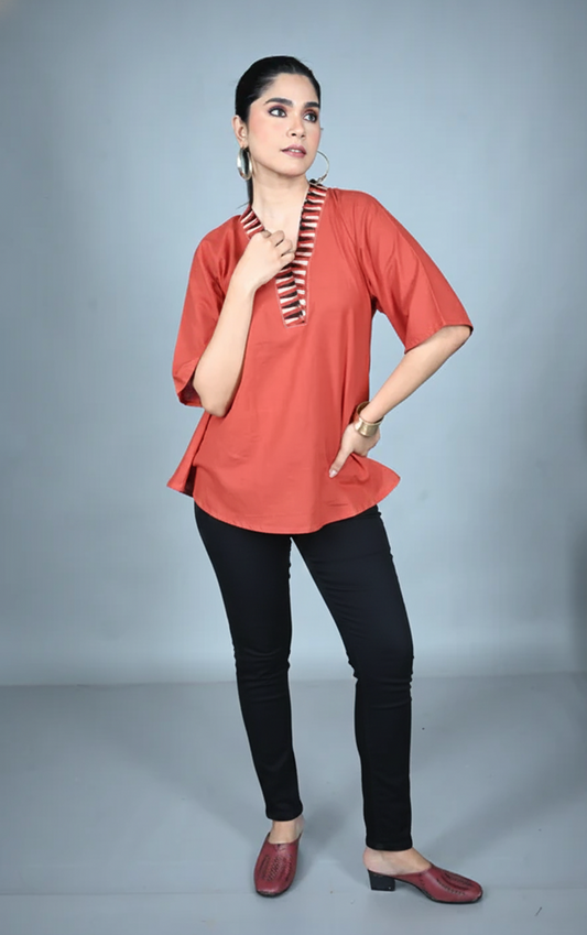 Rust Handwoven Antifit Top with Ajrakh Detailing