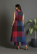 Red-Blue Checks Handloom Cotton Halter Neck Kurta Set with Flared Pants (set of 2)