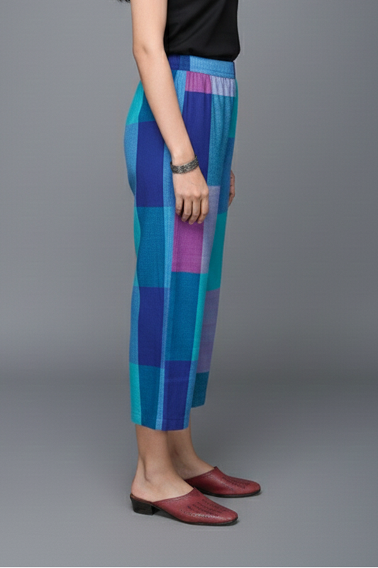 Pink-Purple Checks Handwoven Flared Cotton Pants