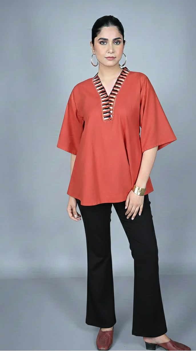 Rust Handwoven Antifit Top with Ajrakh Detailing