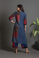 Red-Blue Checks Hand Embroidered Handloom Cotton Half & Half Kurta Set with Flared Pants (set of 2)