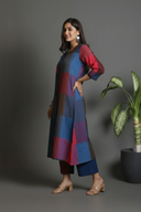 Red-Blue Checks Hand Embroidered Handloom Cotton Half & Half Kurta Set with Flared Pants (set of 2)