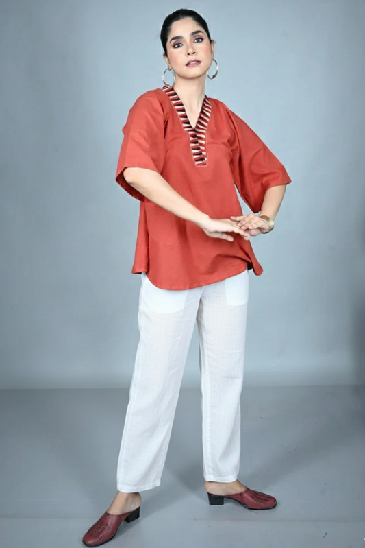 Rust Handwoven Antifit Top with Ajrakh Detailing