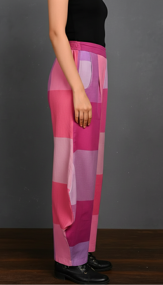 Pink-White Checks Handwoven Cowl Pants