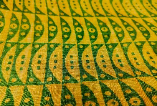 Yellow-Green Block Printed Tassar Dupatta With Fringes