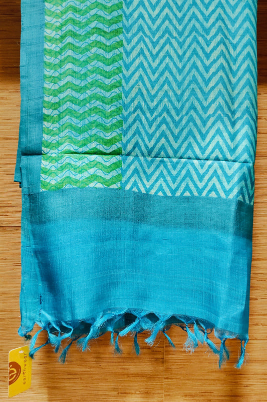 Turq Block Printed Tassar Dupatta With Fringes