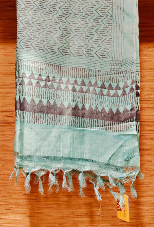 Blue Block Printed Tassar Dupatta With Fringes